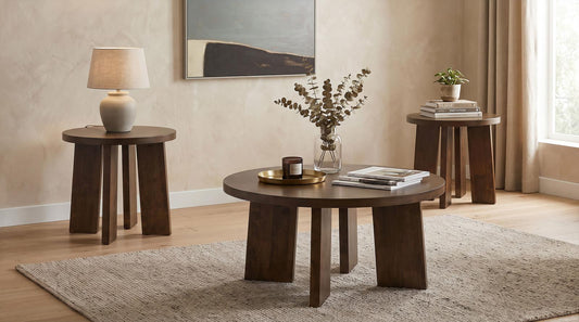 Strouse 3-Piece Round Coffee and End Table Set in Dark Walnut
