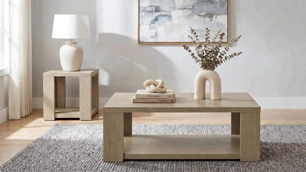 Pavone 3-Piece Transitional Coffee and End Table Set with Shelves Latte