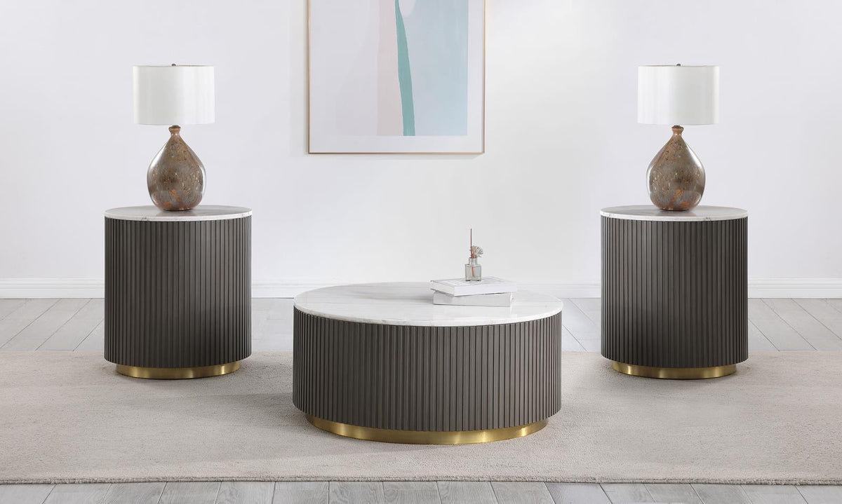 Jason Round White Marble Coffee Table Set Charcoal