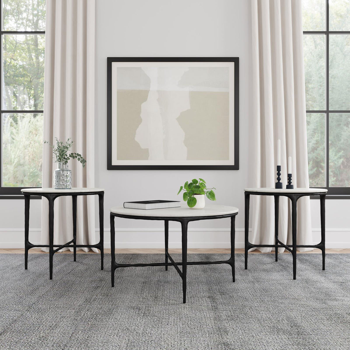 Hermas Round Marble Coffee and End Table Set White