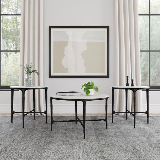 Hermas Round Marble Coffee and End Table Set White