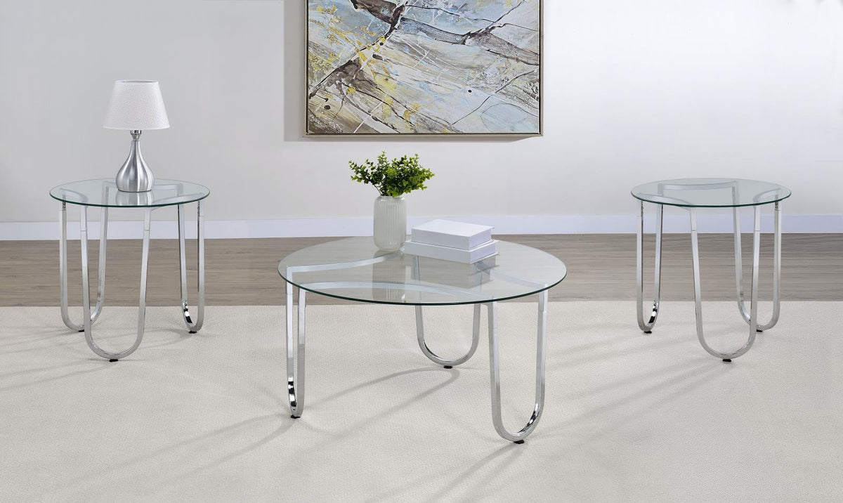 Beller Round Tempered Glass Top Coffee Table Set Chrome