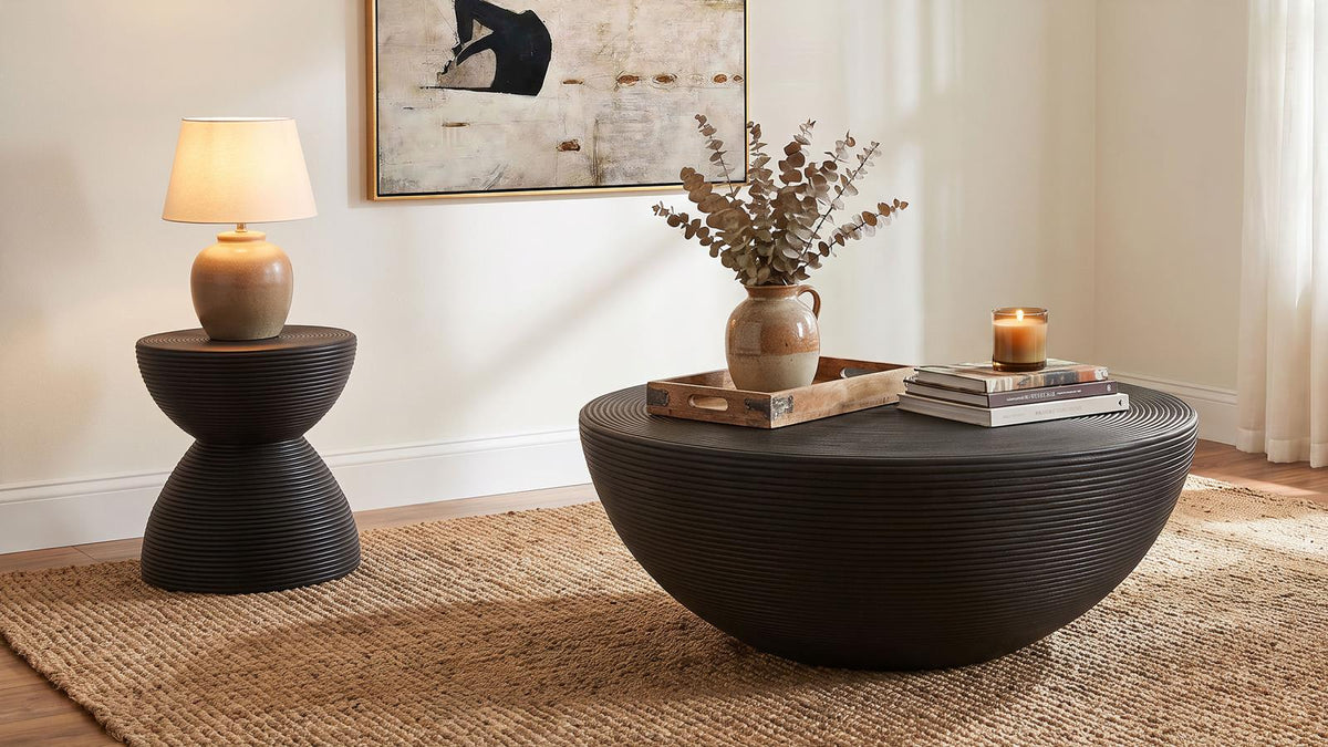 Macedo 3-Piece Transitional Round Rattan Coffee and End Table Set Black