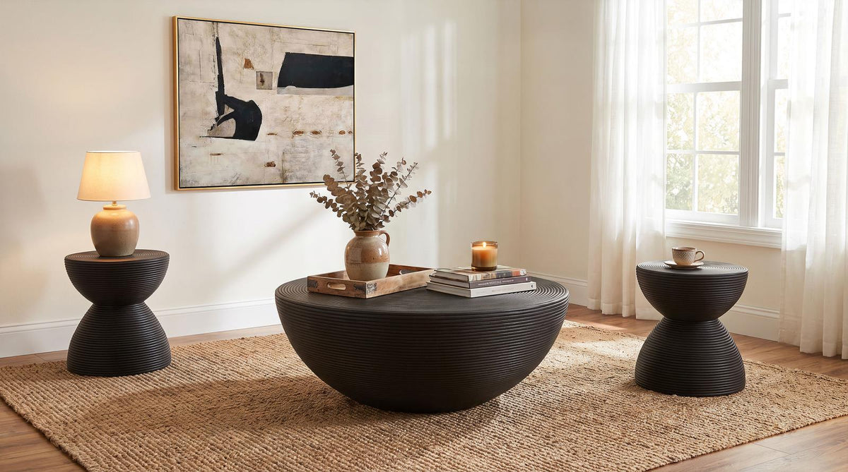 Macedo 3-Piece Transitional Round Rattan Coffee and End Table Set Black