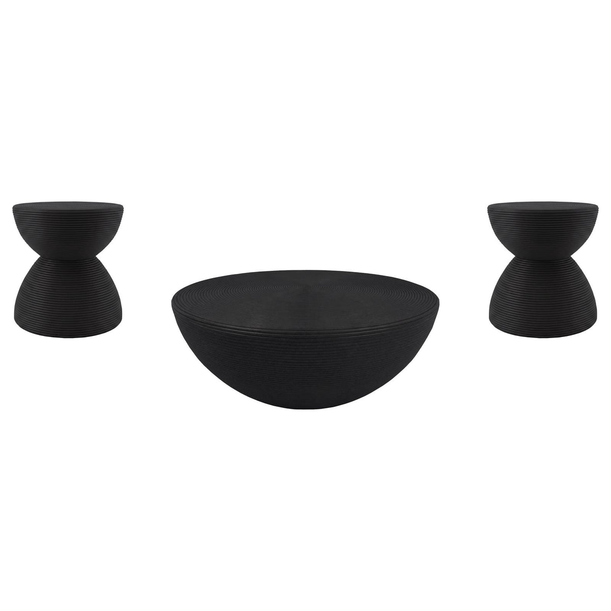 Macedo 3-Piece Transitional Round Rattan Coffee and End Table Set Black