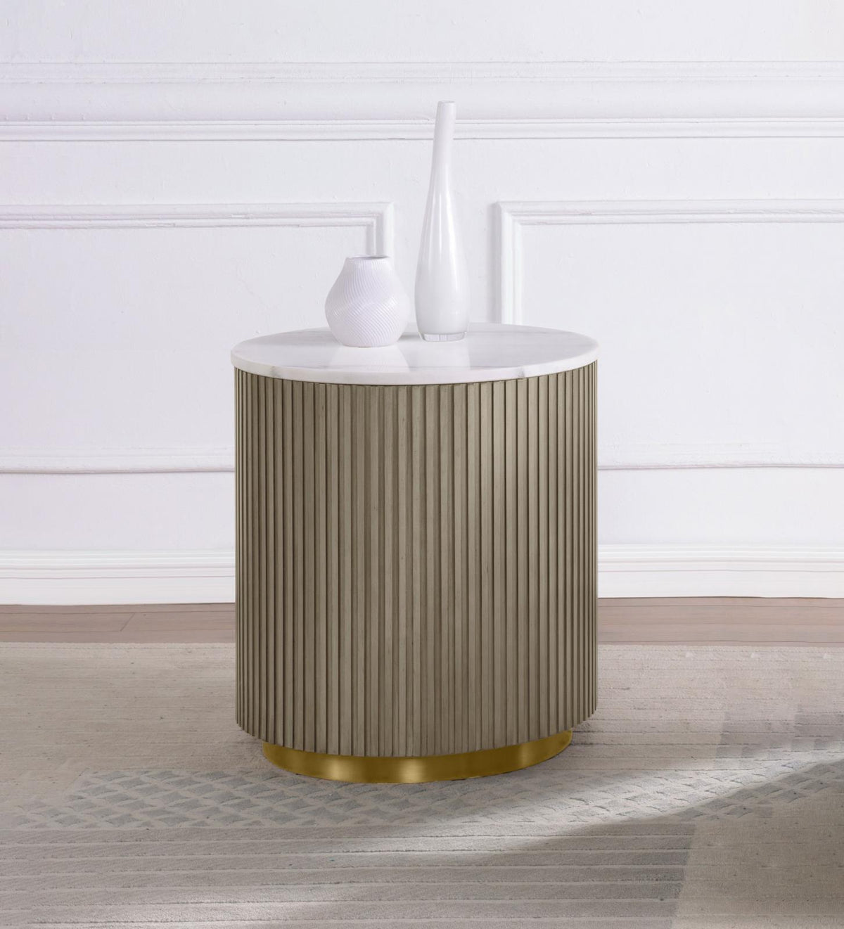 Jason Round White Marble Top Side End Table Greige