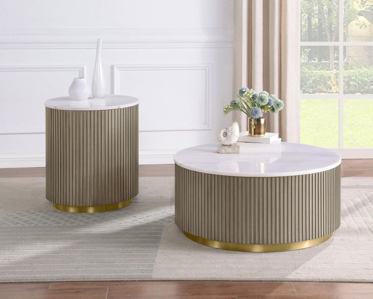 Jason Round White Marble Coffee Table Set Greige