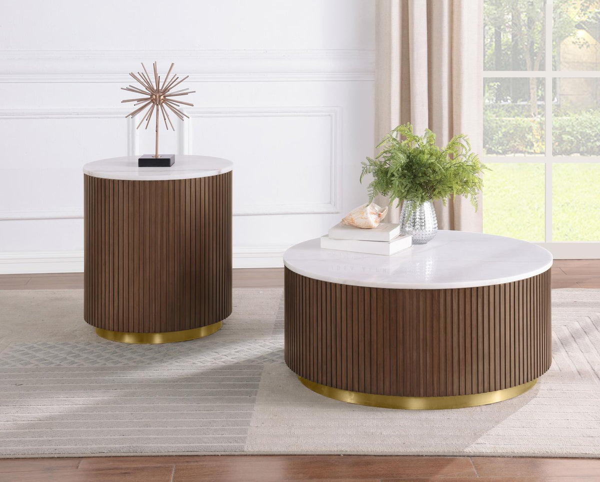 Jason Round White Marble Coffee Table Set Honey Brown