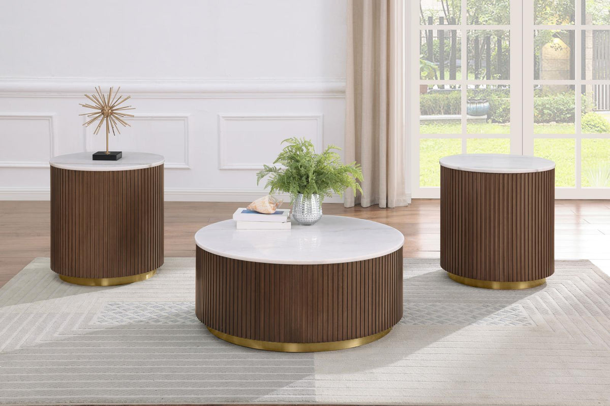 Jason Round White Marble Coffee Table Set Honey Brown