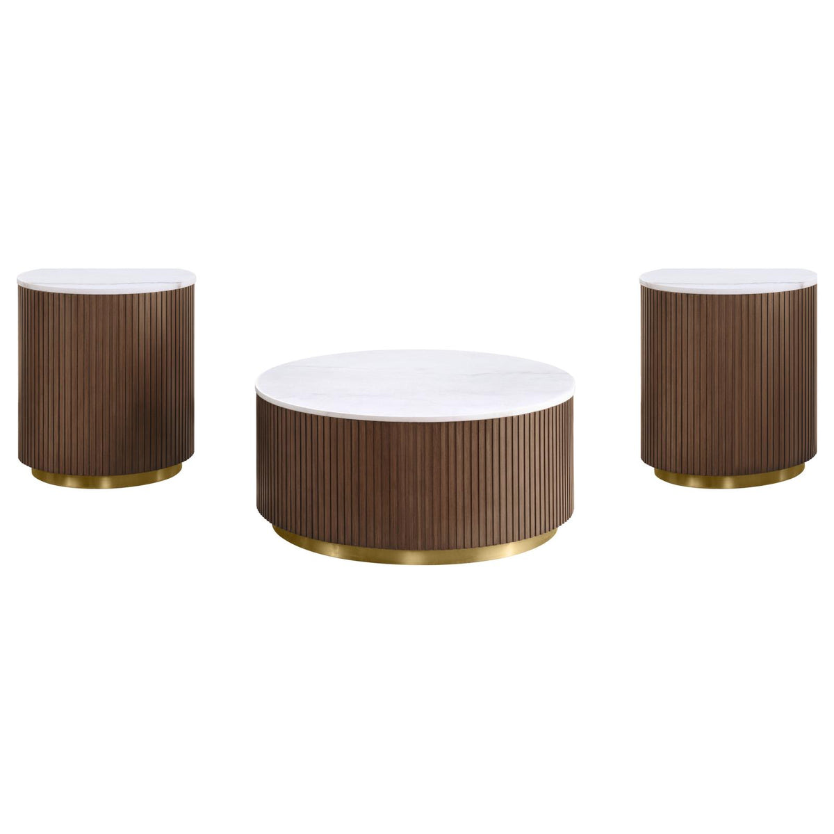 Jason Round White Marble Coffee Table Set Honey Brown