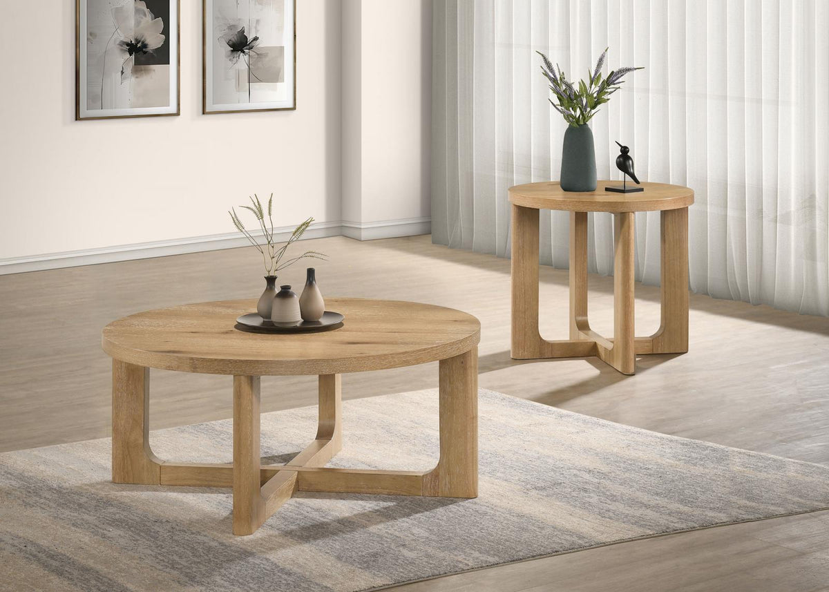 Kessler Round Sculptural Wood Coffee Table Set Light Oak