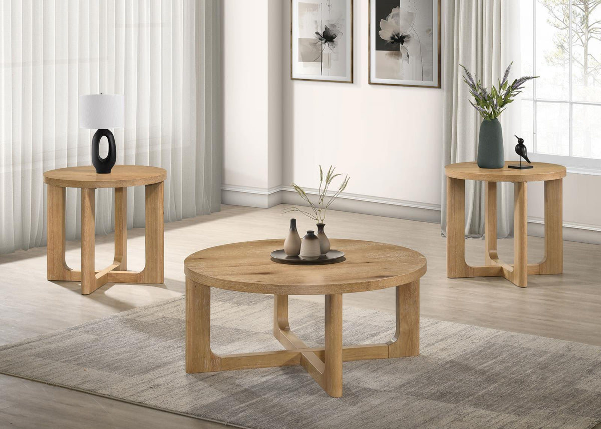 Kessler Round Sculptural Wood Coffee Table Set Light Oak