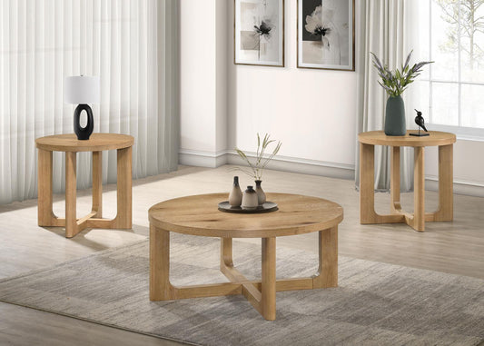 Kessler Round Sculptural Wood Coffee Table Set Light Oak