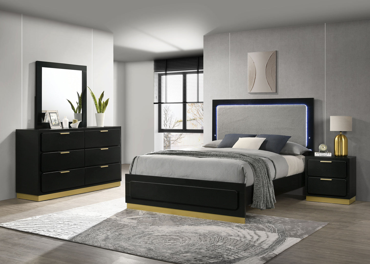 Caraway 4-Piece Bedroom Set — Black & Gold with LED Headboard