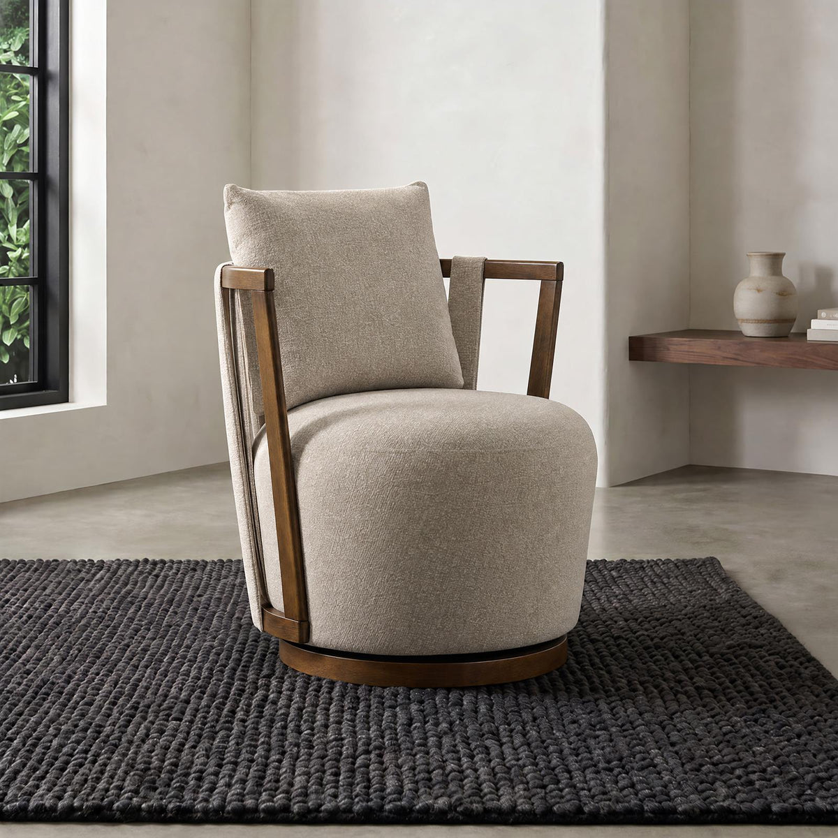 Harlowe Upholstered Swivel Accent Chair with Wood Arms Greige and Brown