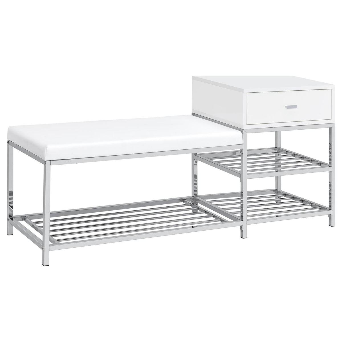 Siega 1-Drawer Shoe Storage Entryway Bench White High Gloss and Chrome