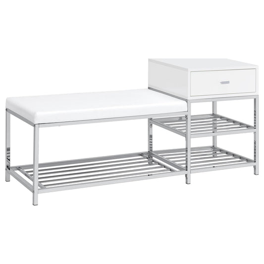 Siega 1-Drawer Shoe Storage Entryway Bench White High Gloss and Chrome