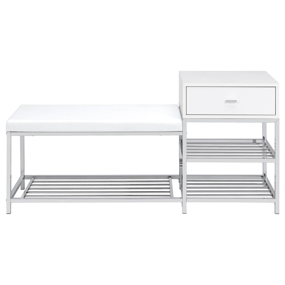 Siega 1-Drawer Shoe Storage Entryway Bench White High Gloss and Chrome
