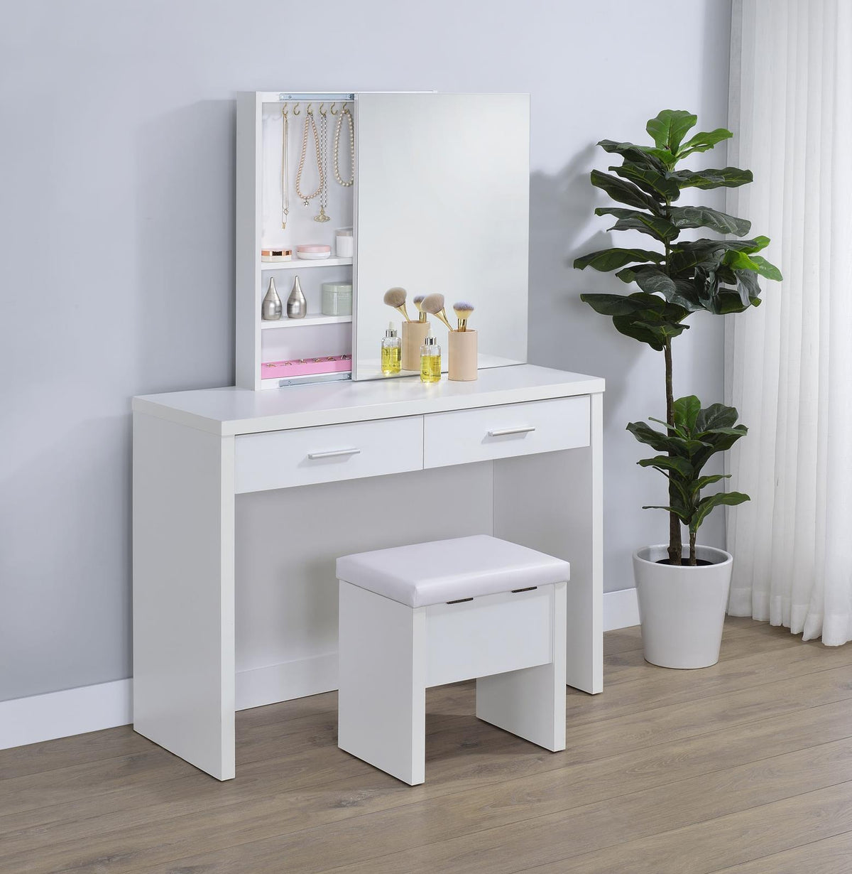Bunbury Makeup Vanity Table Set Storage Mirror and Stool White