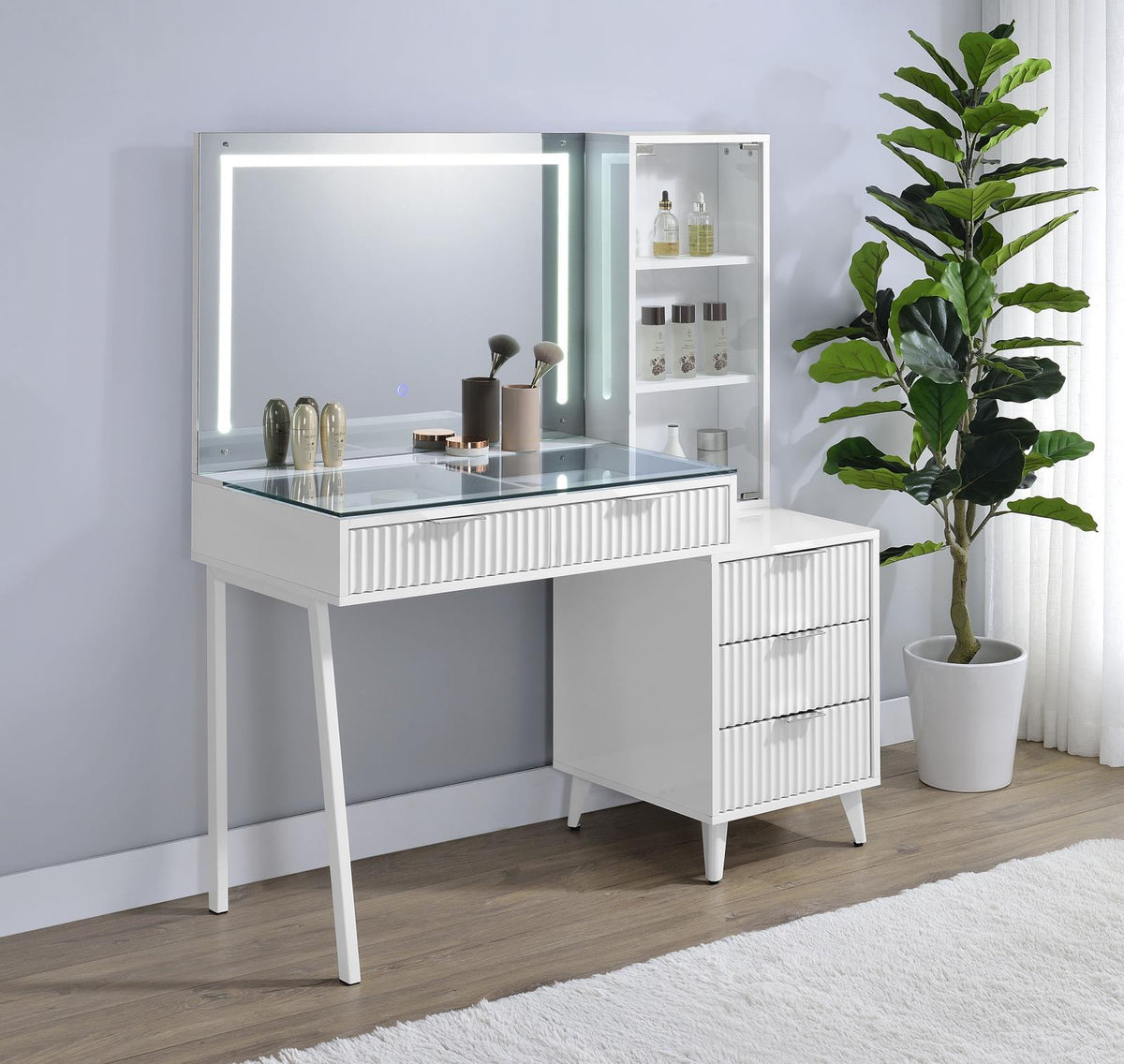 Souza 5-Drawer Makeup Vanity Table With LED Mirror White High Gloss