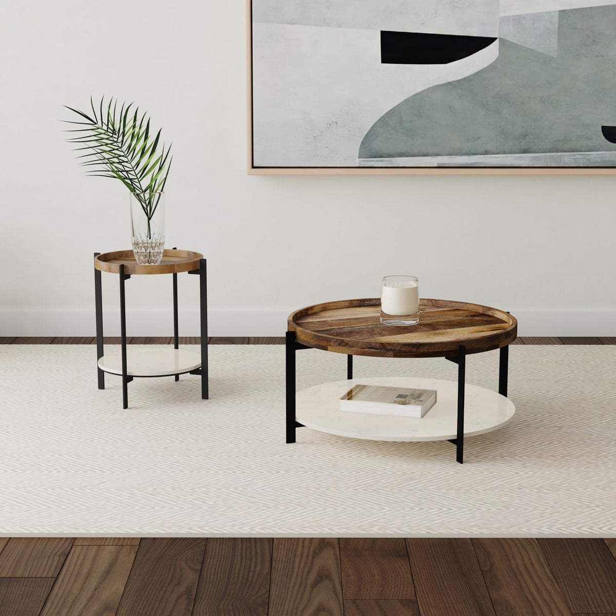 Adhvik Round End Side Table Marble Shelf Natural and Black