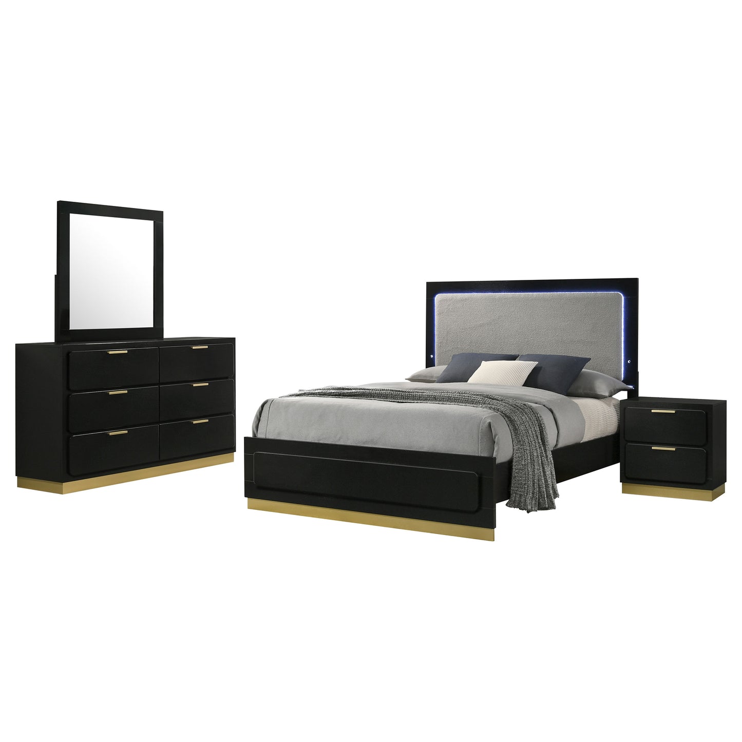 Caraway 4-Piece Bedroom Set — Black & Gold with LED Headboard