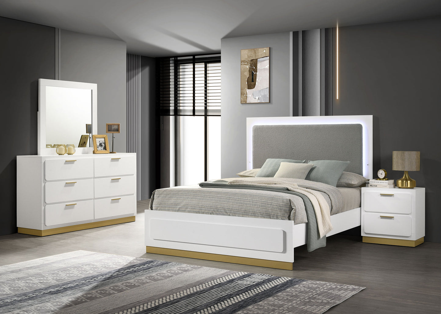 Caraway 4-Piece Bedroom Set — White & Gold with LED Headboard