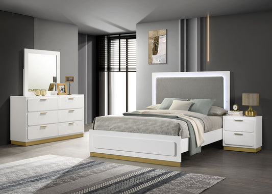 Caraway 4-Piece Bedroom Set — White & Gold with LED Headboard