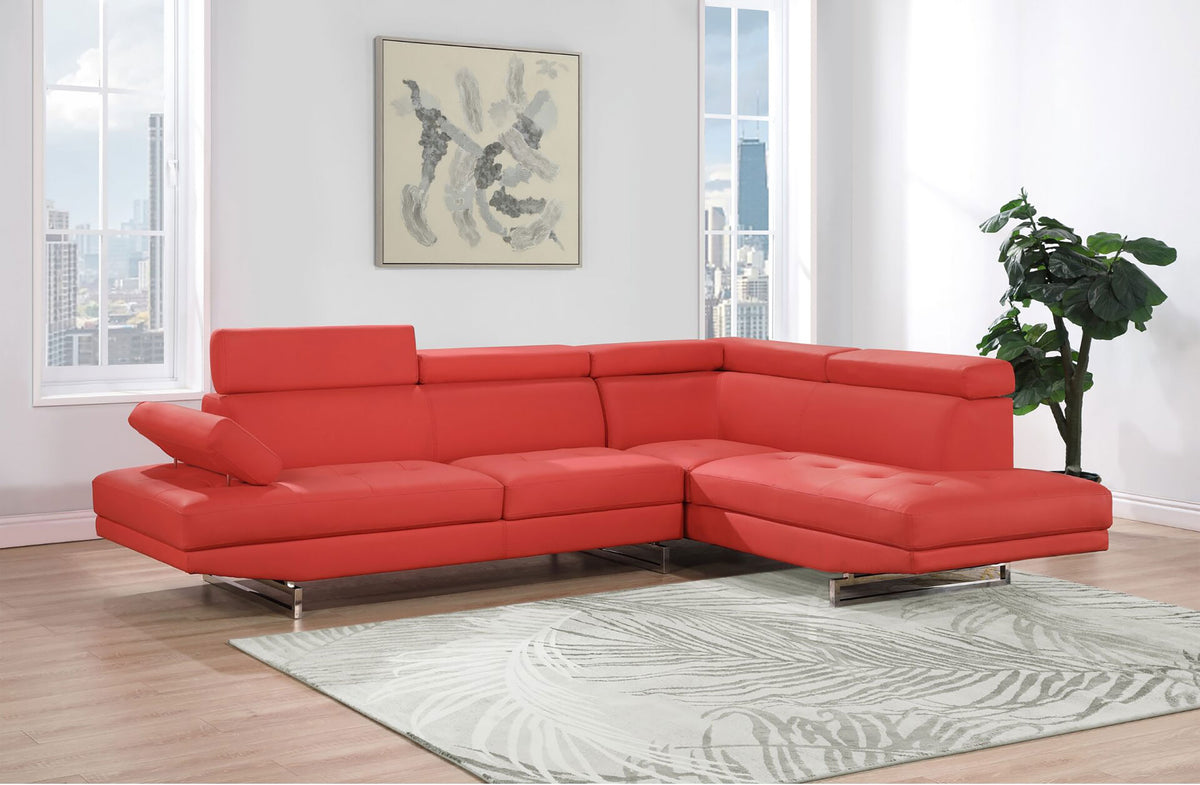Red Faux Leather Sectional Sofa with Adjustable Headrests