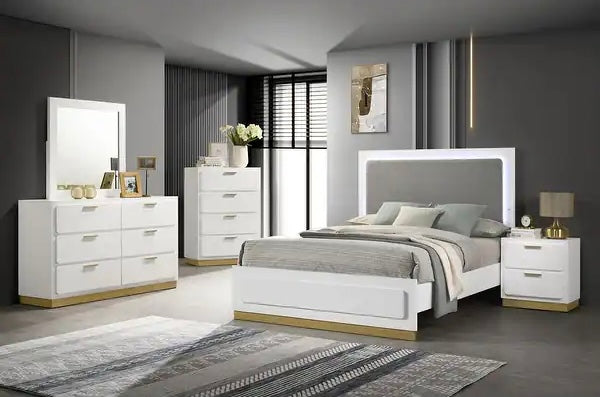 Caraway Bedroom Set — White & Gold with LED Headboard