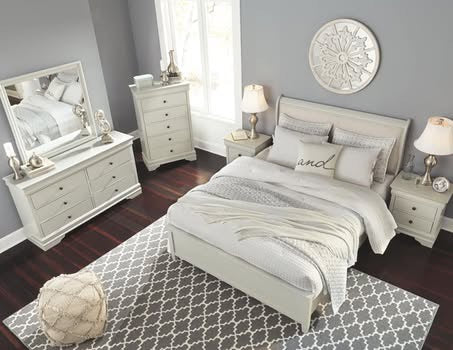 Jorstad 5-Piece Bedroom Set — Light Gray Upholstered Sleigh Bed
