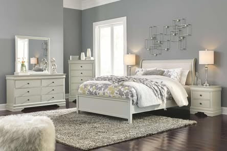 Jorstad 5-Piece Bedroom Set — Light Gray Upholstered Sleigh Bed