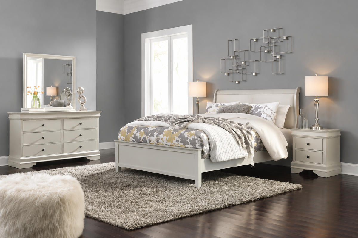 Jorstad 4-Piece Bedroom Set — Light Gray Upholstered Sleigh Bed