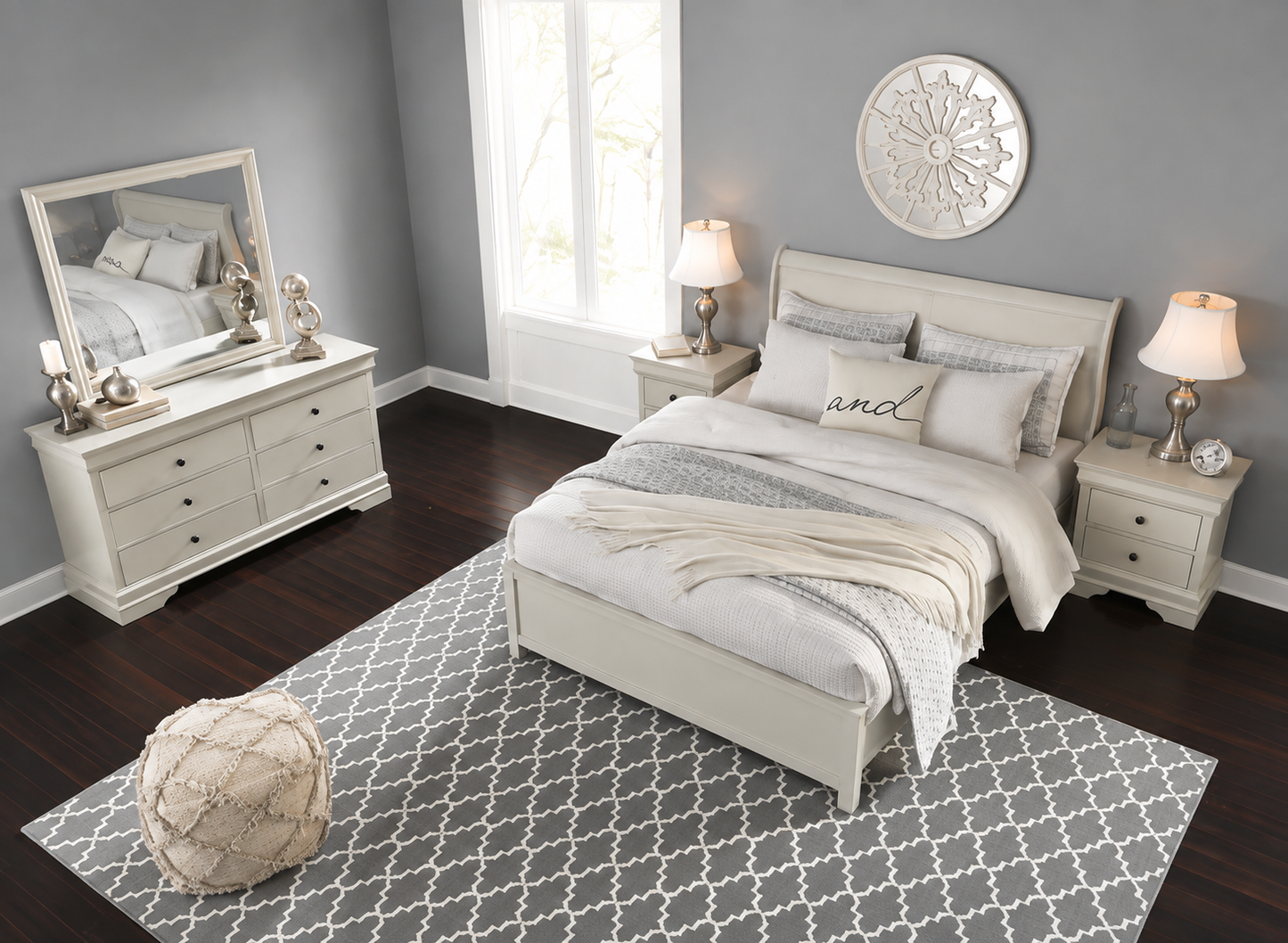 Jorstad 4-Piece Bedroom Set — Light Gray Upholstered Sleigh Bed