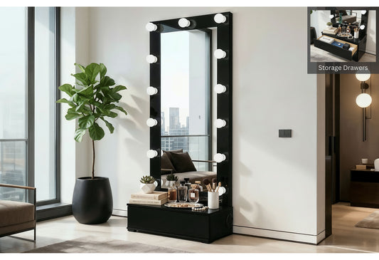 Ella Black Narrow Tall Mirror with Drawer and Speaker