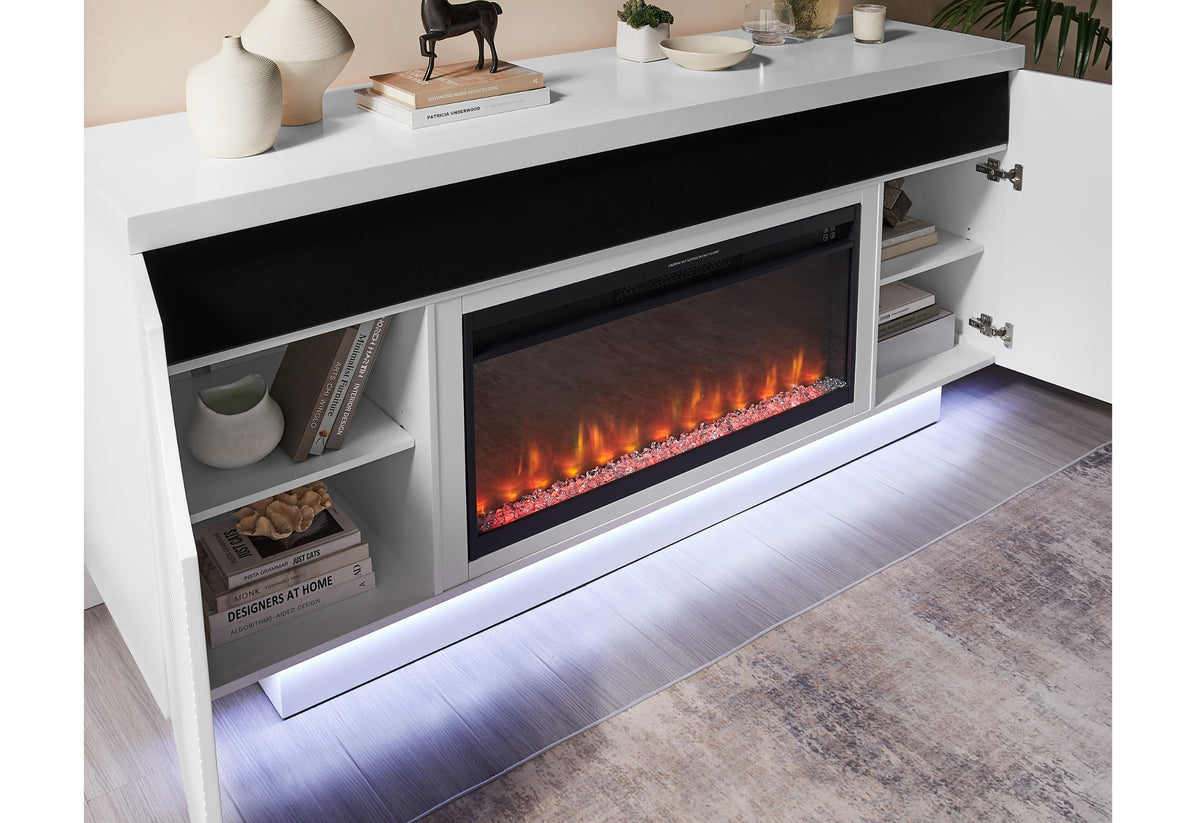 Aileen White 66" Entertainment Unit with LED, Speakers, Crystal and Pop-up Doors