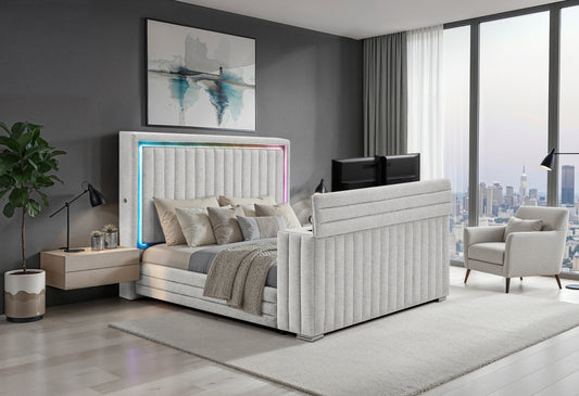Elias Grey Bed with Immersive Sound Speaker, LED, TV Lift & Fp