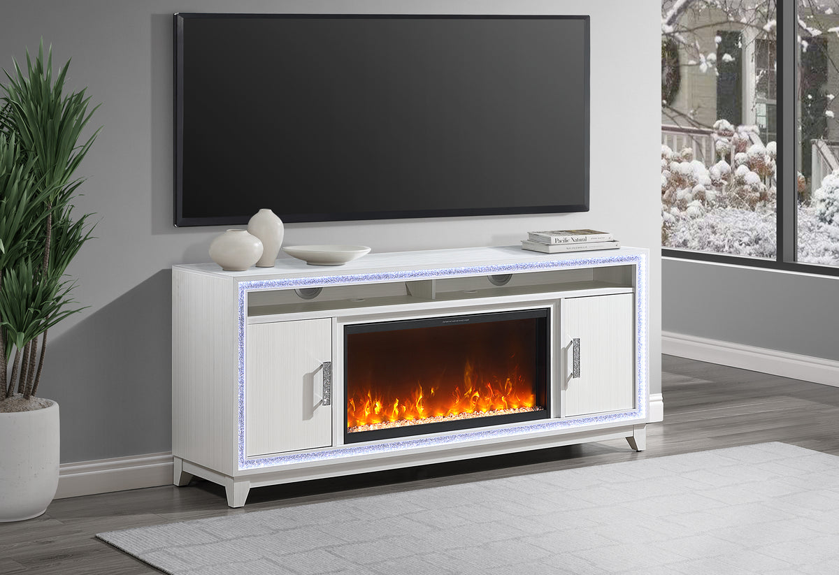 Lily White Entertainment Unit 72 with LED, Speakers, Crystal Inserts