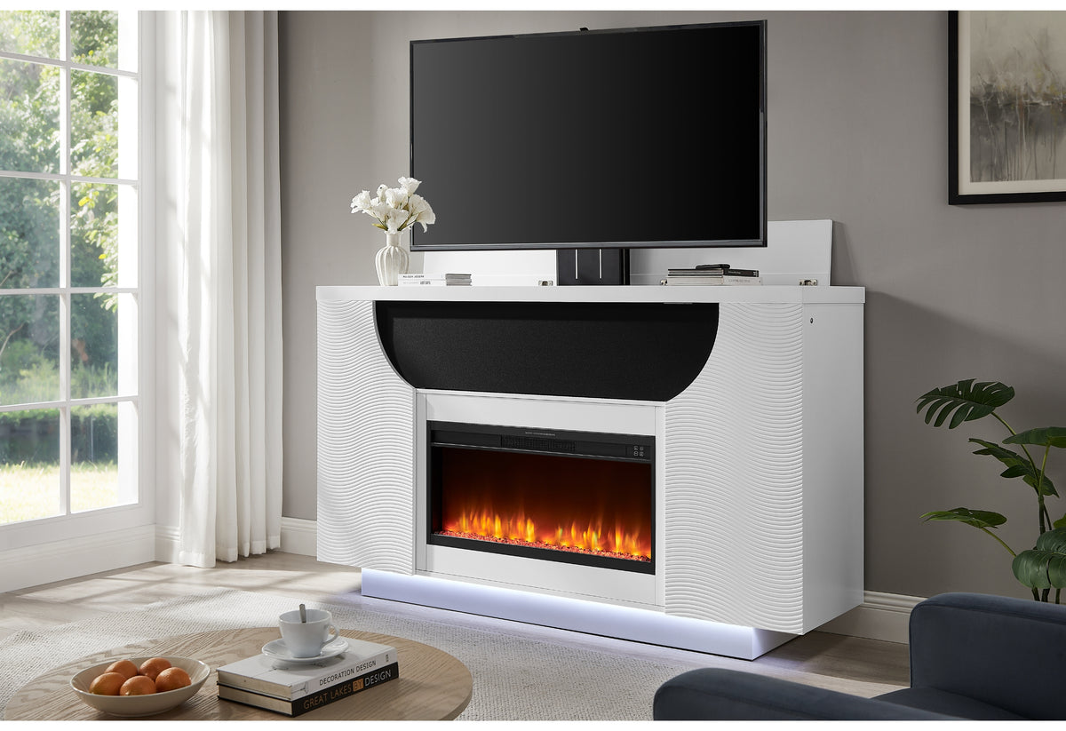 Aveena White 76" Entertainment Unit with TV, LED, Speakers, Crystal and Pop-up