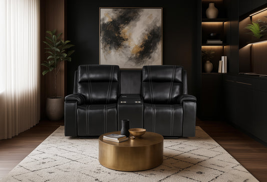 U8880 Black Leather Power Console Reclining Loveseat with Cooler