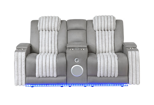 U8000 Grey Power Console Reclining Loveseat with Phr, LED and Speaker