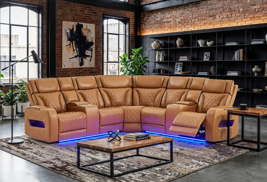 U8611 Camel Sectional with Power Headrest, Continuous LED and Speaker