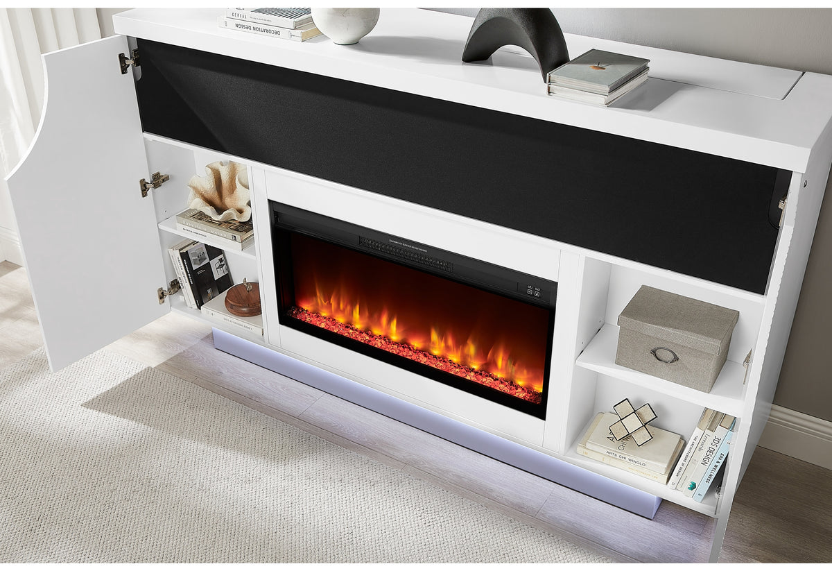 Aveena White 76" Entertainment Unit with TV, LED, Speakers, Crystal and Pop-up
